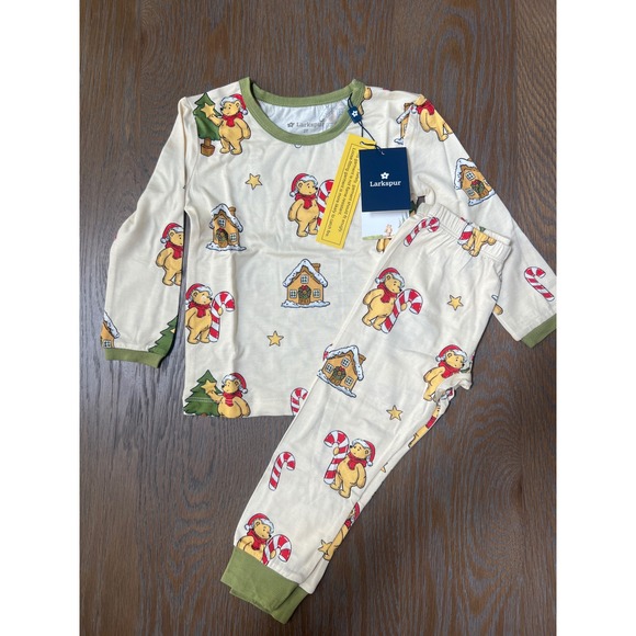 Larkspur Other - Larkspur Winnie the Pooh Christmas Bamboo Pajama Set Cream Green 2T